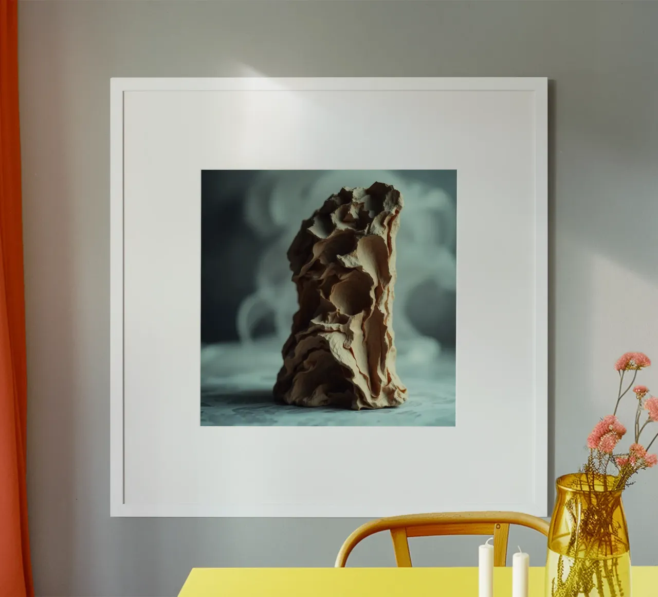 Unique textured sculpture displayed against a soft gray hahnemühle by DesignDoodle