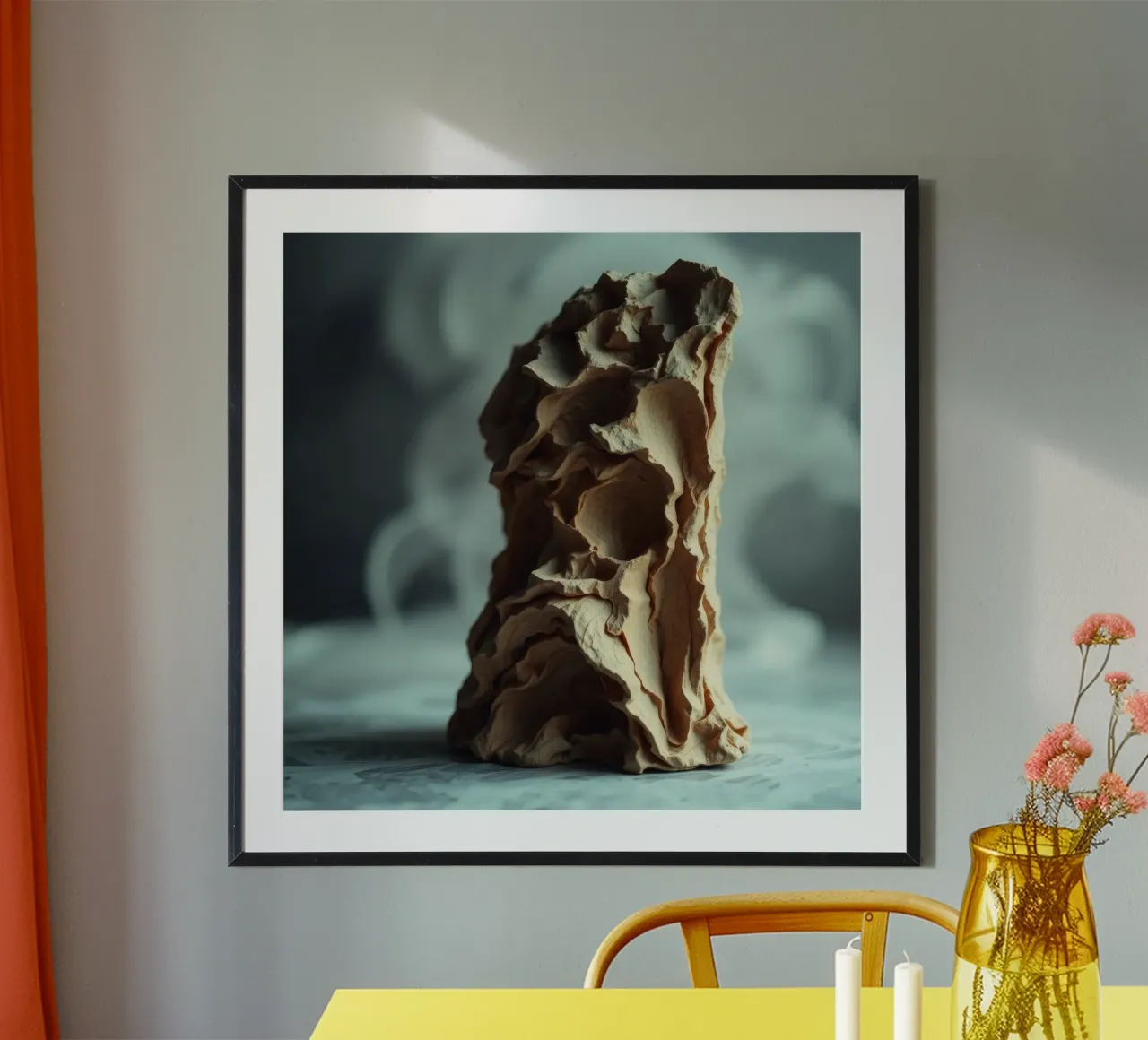 Unique textured sculpture displayed against a soft gray hahnemühle by DesignDoodle