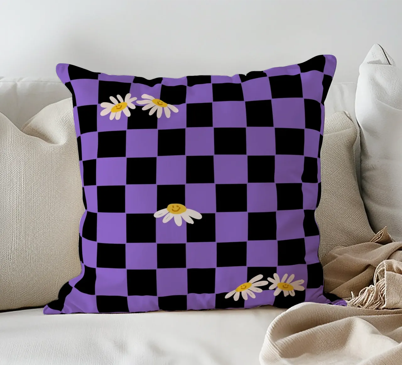 Checkerboard pattern black, purple with flowers decorative cushion by Illustration Raissa Oltmanns