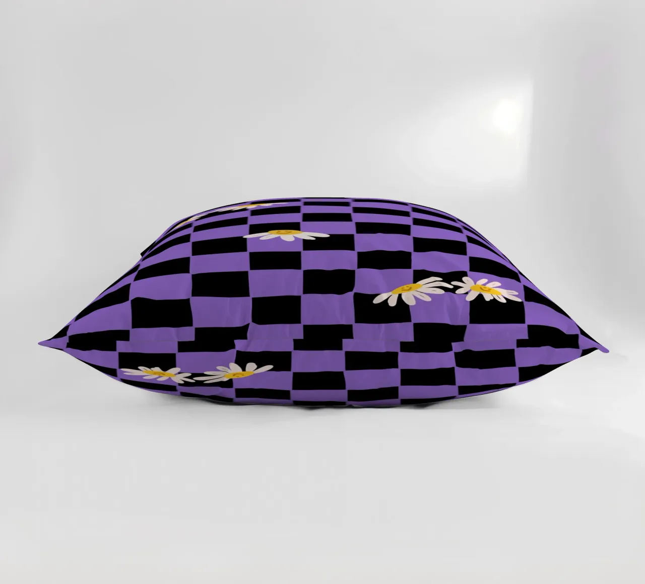 Checkerboard pattern black, purple with flowers decorative cushion by Illustration Raissa Oltmanns