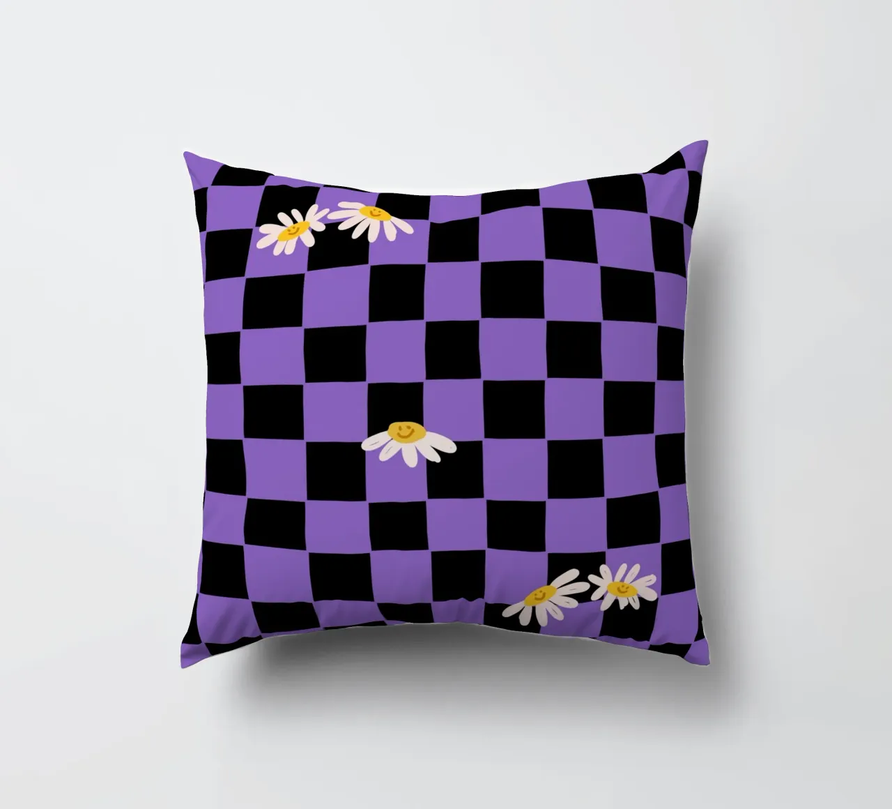 Checkerboard pattern black, purple with flowers decorative cushion by Illustration Raissa Oltmanns