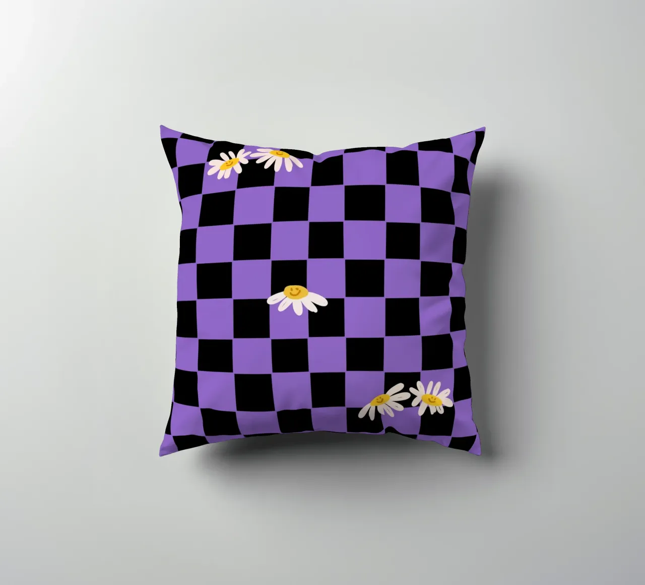 Checkerboard pattern black, purple with flowers decorative cushion by Illustration Raissa Oltmanns