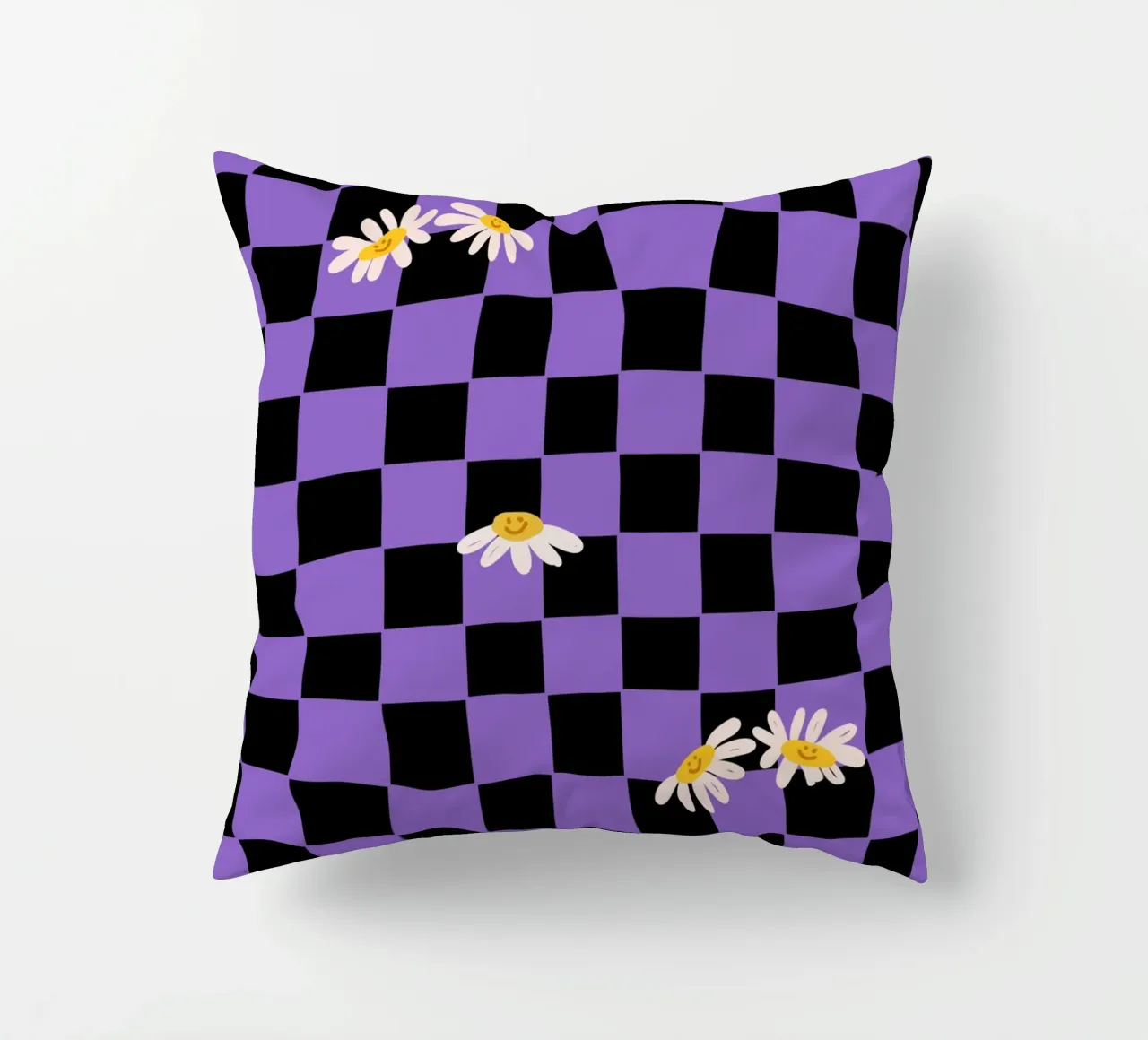 Checkerboard pattern black, purple with flowers decorative cushion by Illustration Raissa Oltmanns
