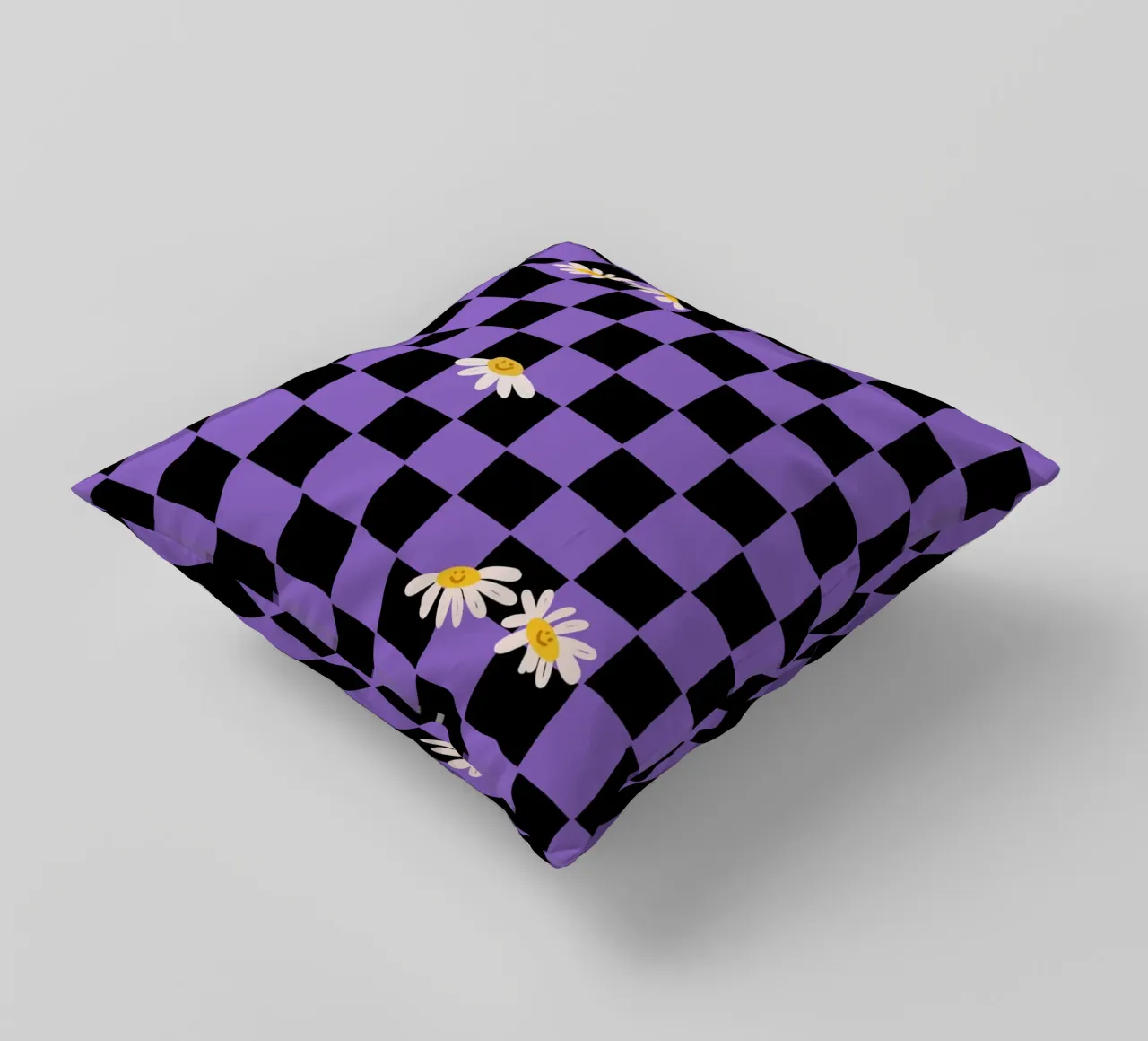 Checkerboard pattern black, purple with flowers decorative cushion by Illustration Raissa Oltmanns