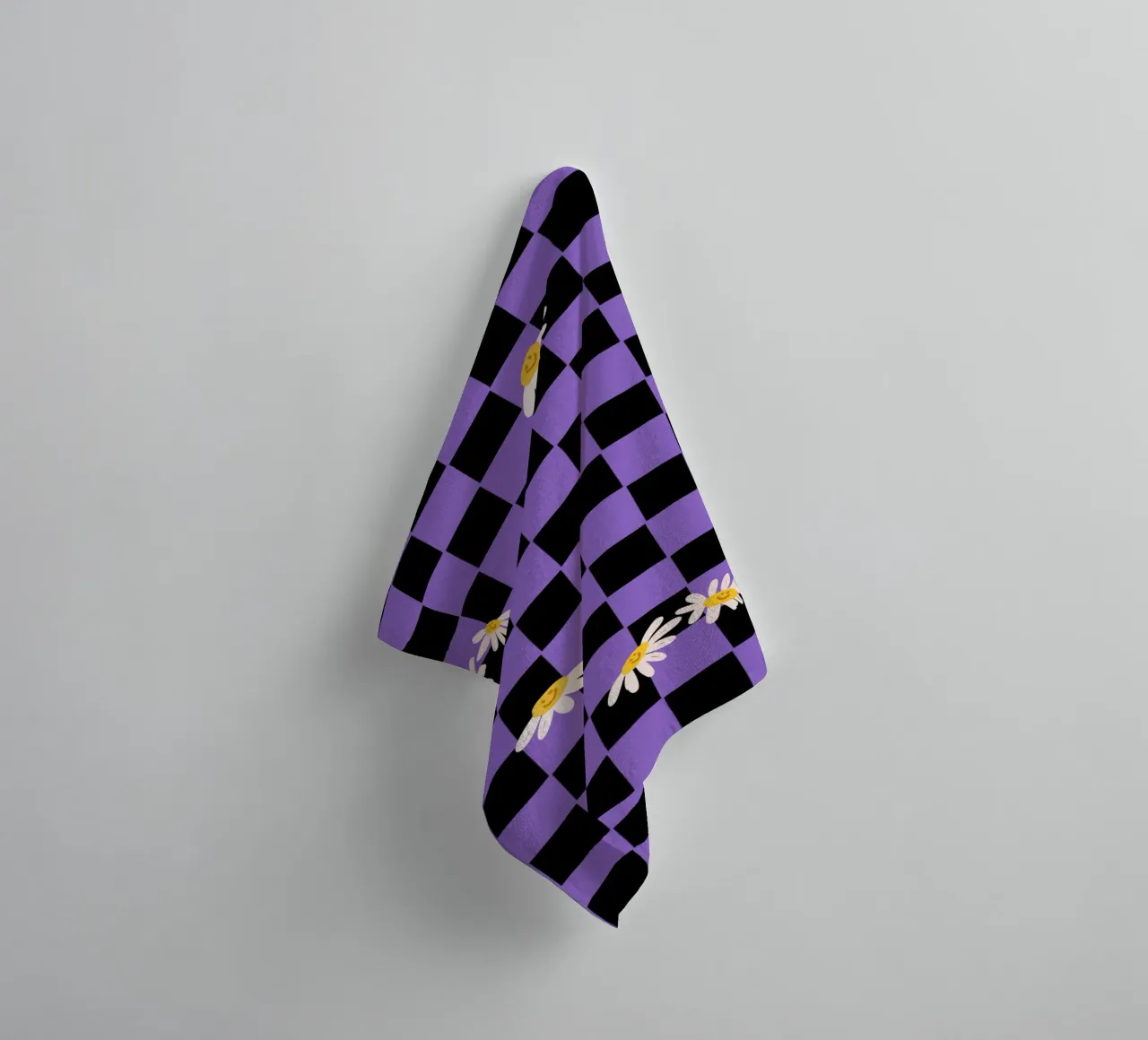 Checkerboard pattern black, purple with flowers towel by Illustration Raissa Oltmanns
