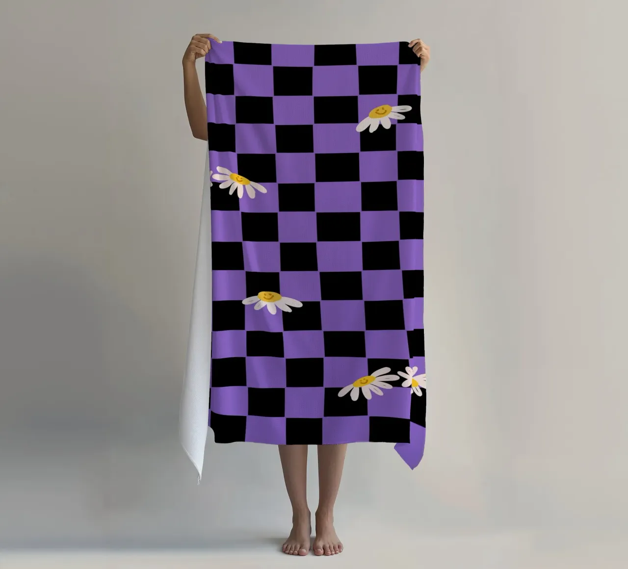 Checkerboard pattern black, purple with flowers beach towel by Illustration Raissa Oltmanns