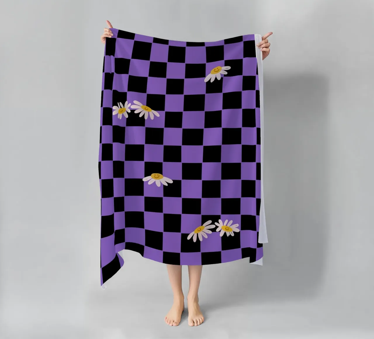 Checkerboard pattern black, purple with flowers beach towel by Illustration Raissa Oltmanns