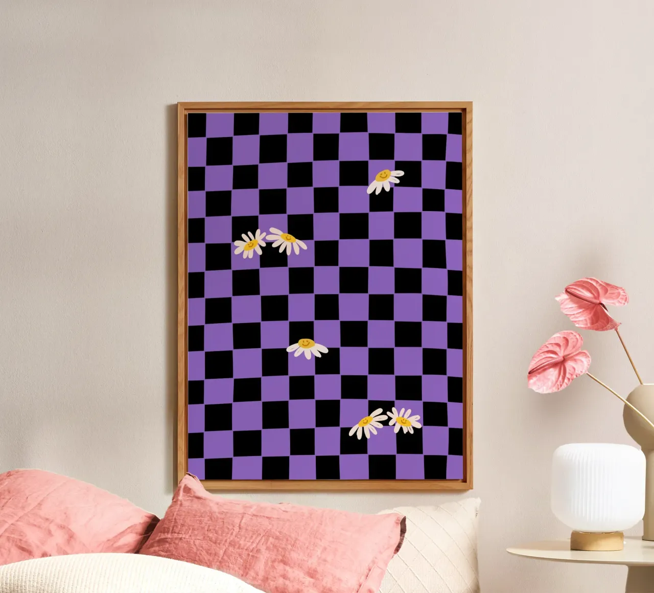 Checkerboard pattern black, purple with flowers alu-dibond by Illustration Raissa Oltmanns