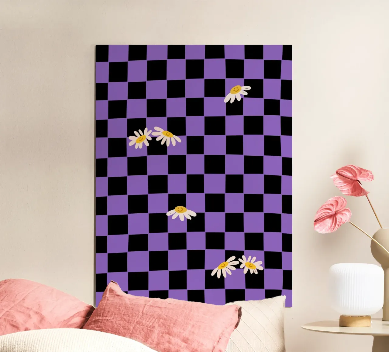 Checkerboard pattern black, purple with flowers poster by Illustration Raissa Oltmanns