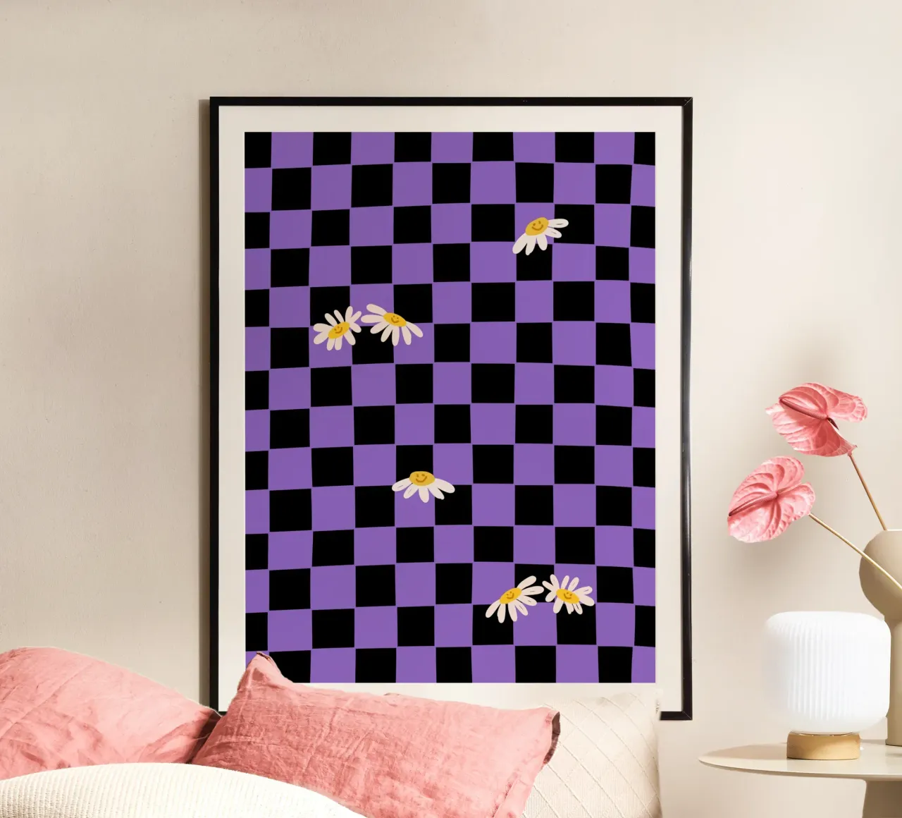 Checkerboard pattern black, purple with flowers poster by Illustration Raissa Oltmanns