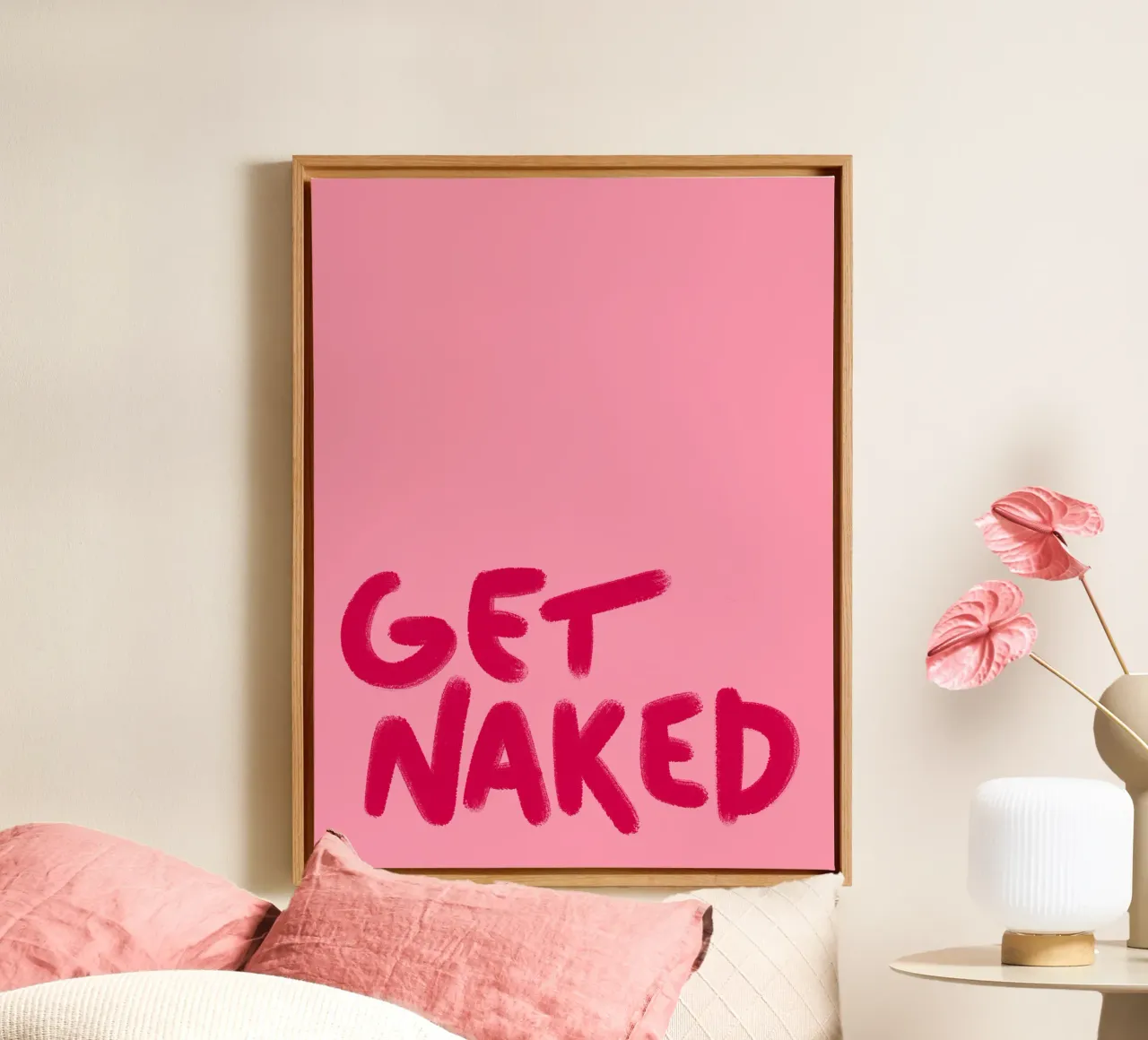 Rosa handlettering Get Naked tela con Cornice a cassetta da Illustration Raissa Oltmanns