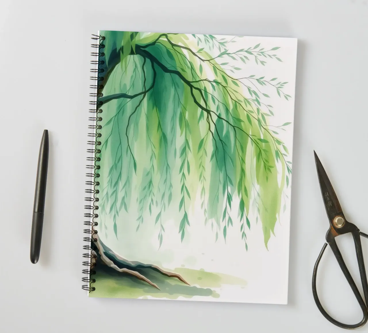 Beautiful willow tree with long green branches swaying spiral notebook by DesignDoodle