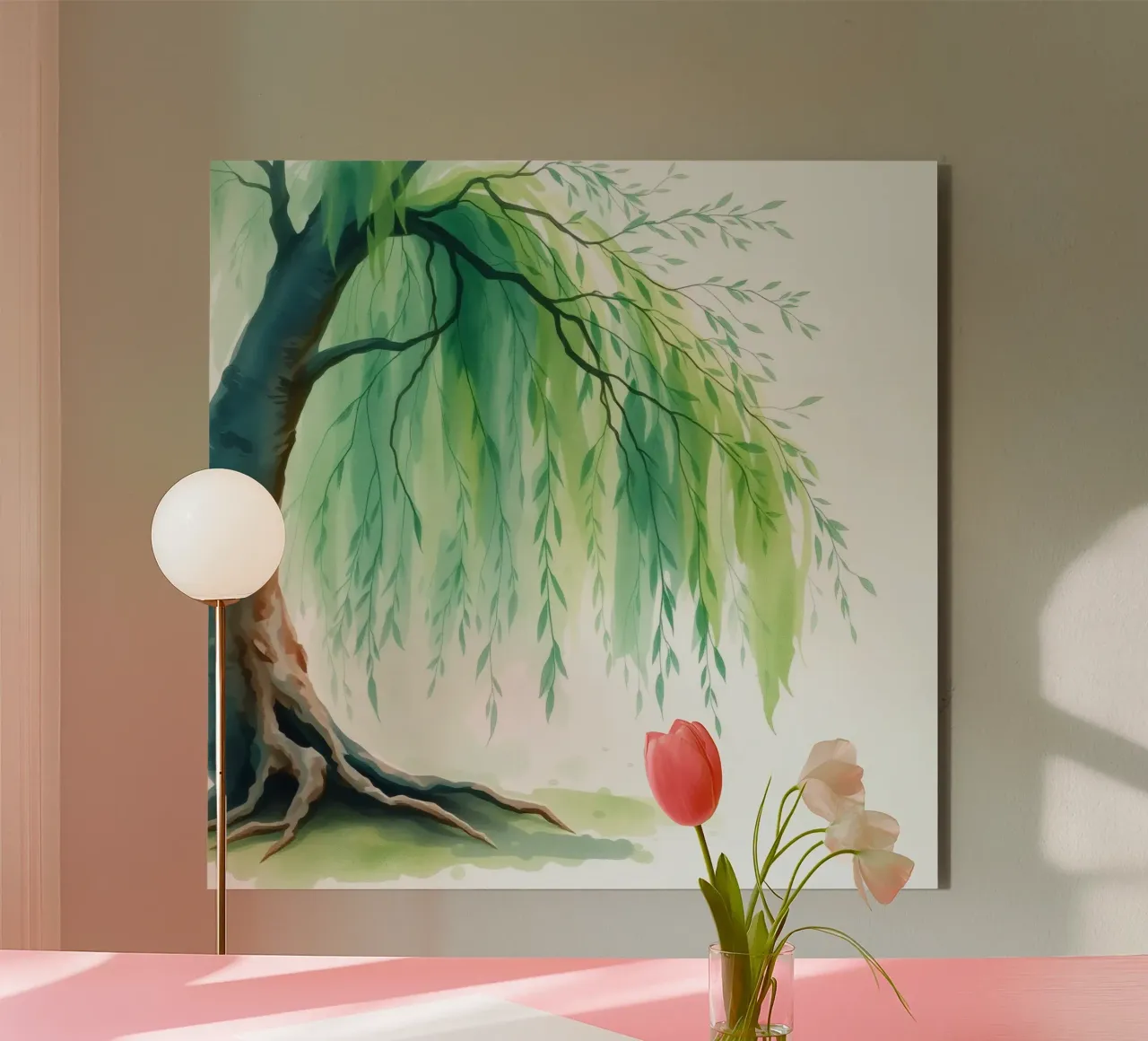 Beautiful willow tree with long green branches swaying alu-dibond by DesignDoodle