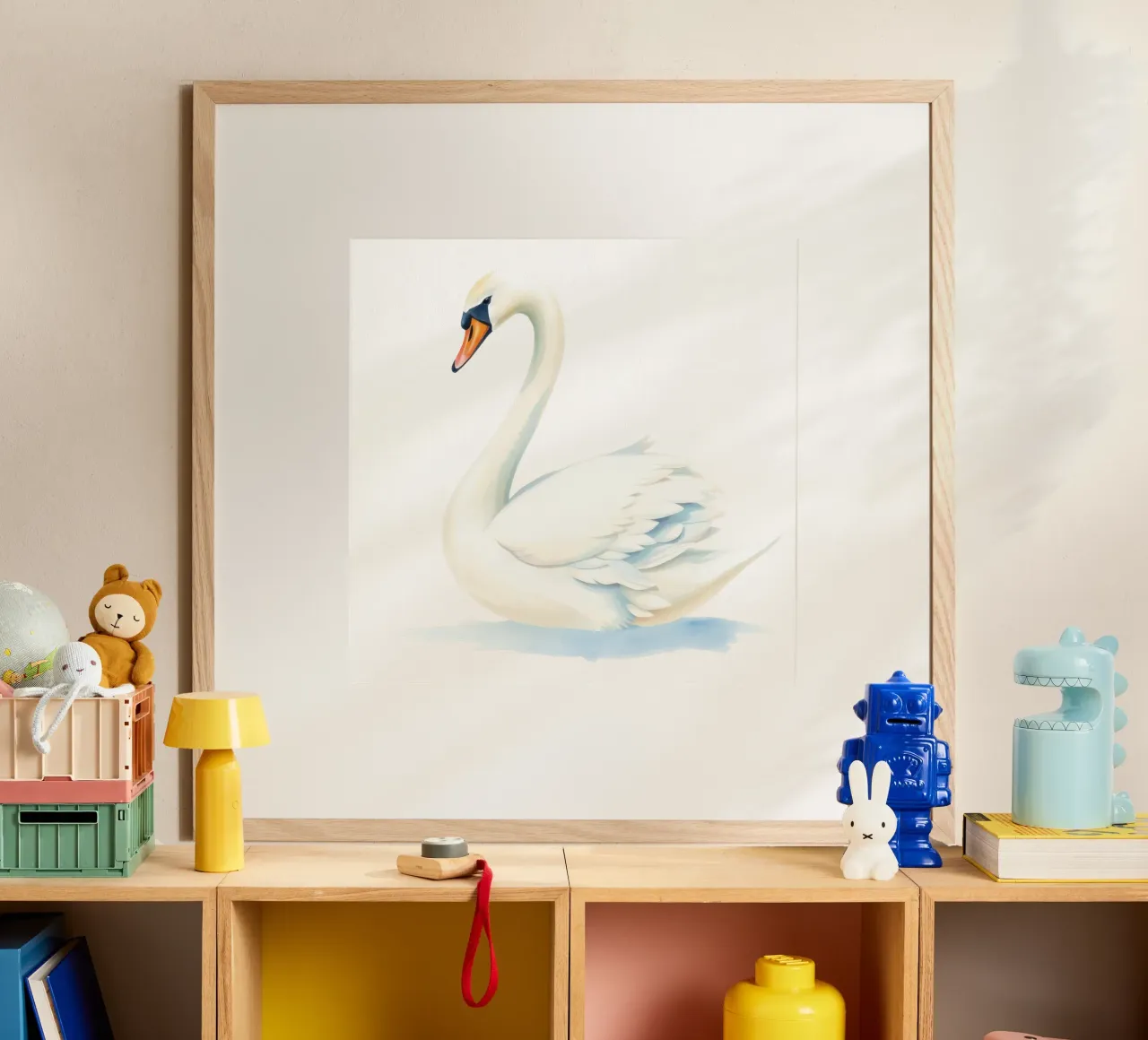 Elegante cigno bianco che scivola con grazia sull'acqua calma poster da DesignDoodle