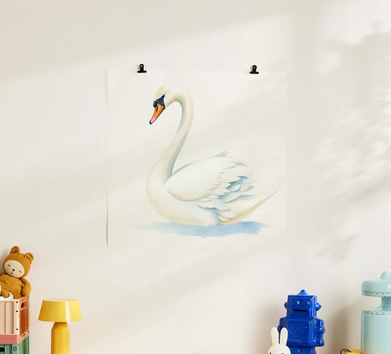 Elegante cigno bianco che scivola con grazia sull'acqua calma poster da DesignDoodle