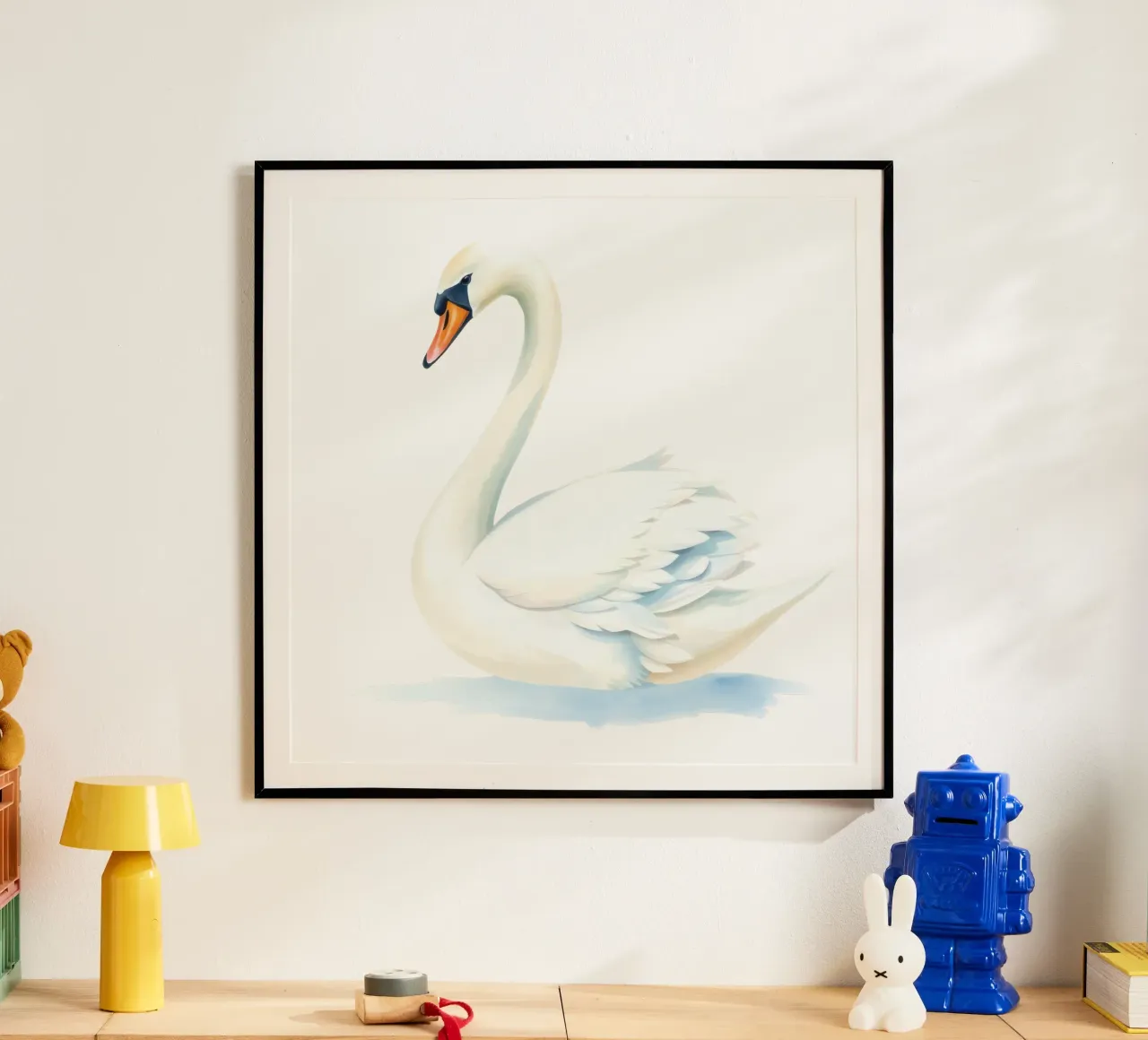 Elegante cigno bianco che scivola con grazia sull'acqua calma poster da DesignDoodle
