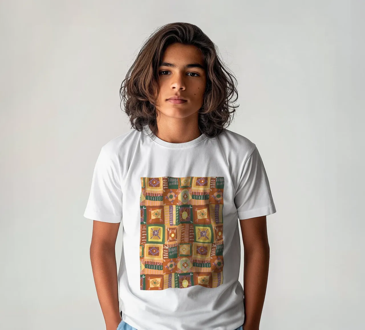 Brown patchwork kinder t-shirt van GigiRosado