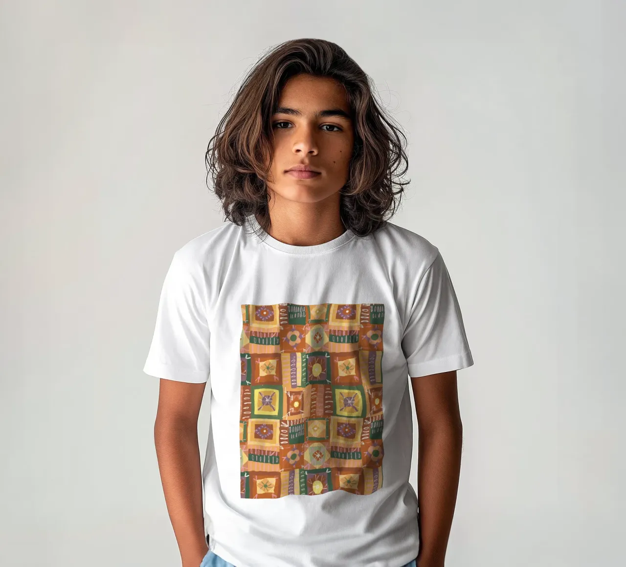 Brown patchwork kinder t-shirt van GigiRosado