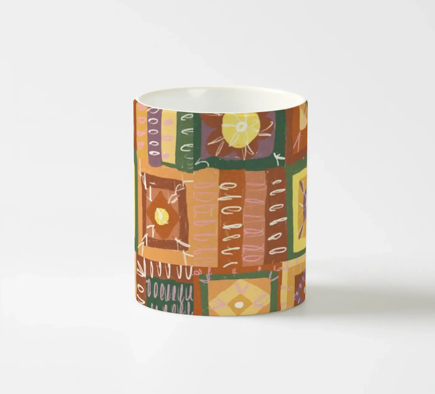 Brown patchwork ceramic mug by GigiRosado
