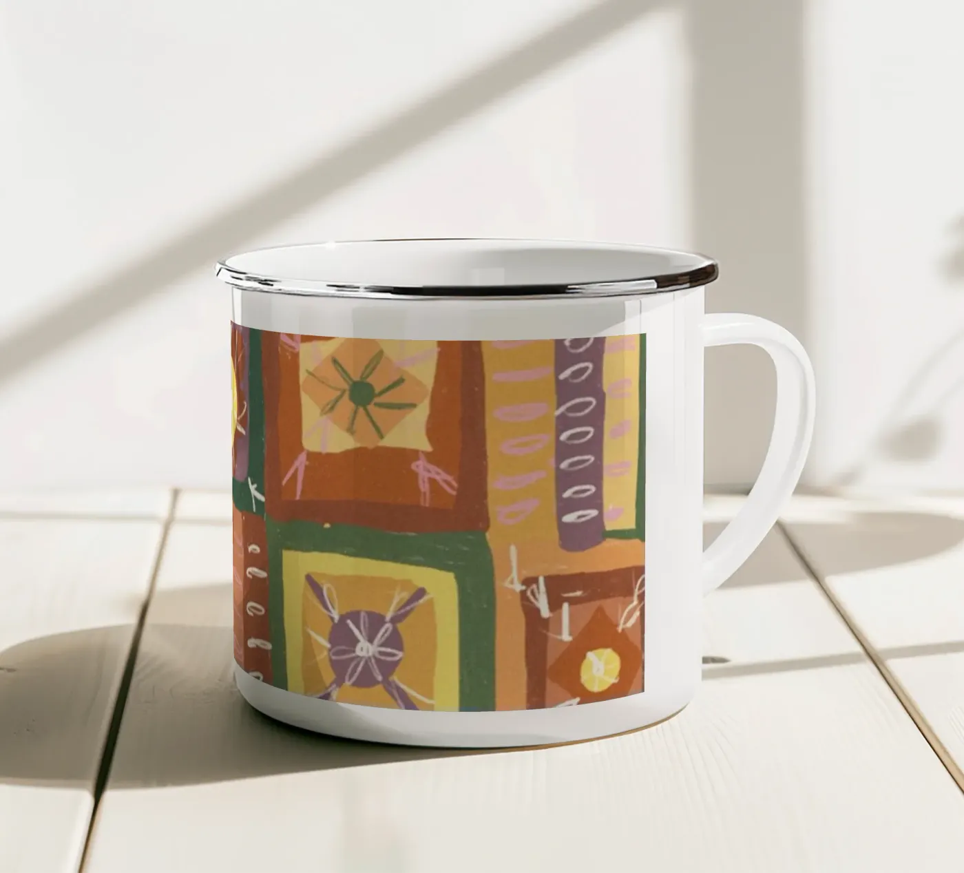 Brown patchwork enamel mug by GigiRosado