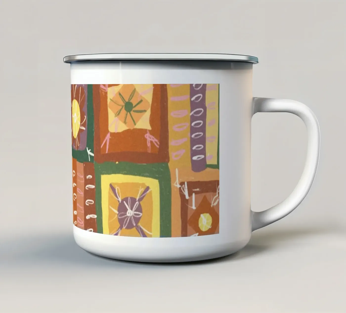 Brown patchwork enamel mug by GigiRosado