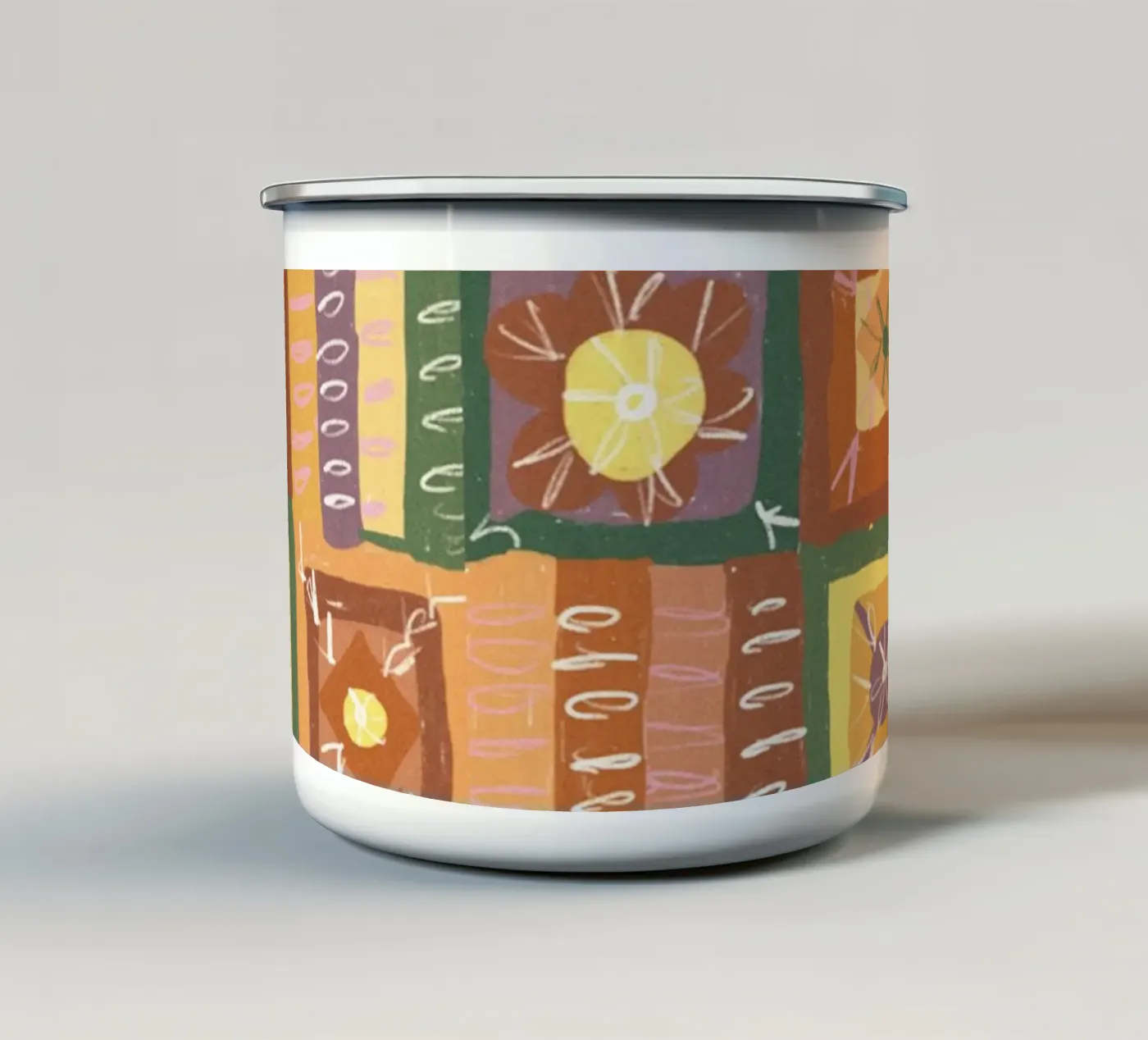 Brown patchwork enamel mug by GigiRosado