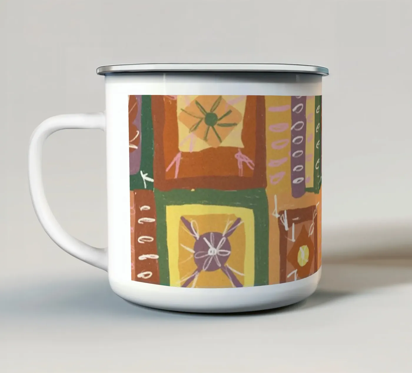 Brown patchwork enamel mug by GigiRosado