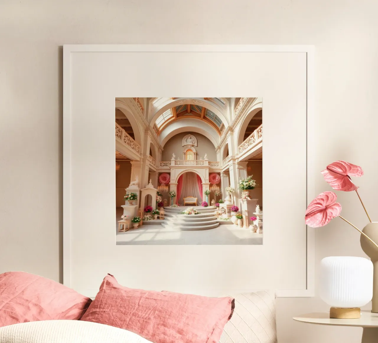 Elegante allestimento di matrimonio al coperto con composizioni floreali poster da DesignDoodle