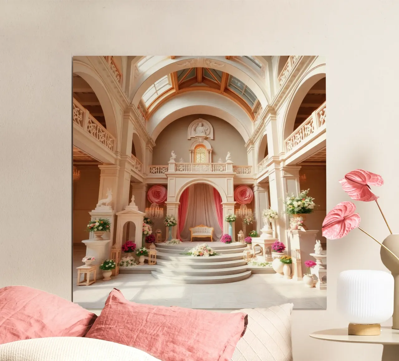 Elegante allestimento di matrimonio al coperto con composizioni floreali poster da DesignDoodle