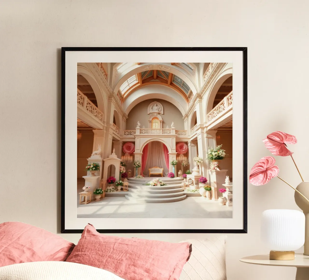 Elegante allestimento di matrimonio al coperto con composizioni floreali poster da DesignDoodle