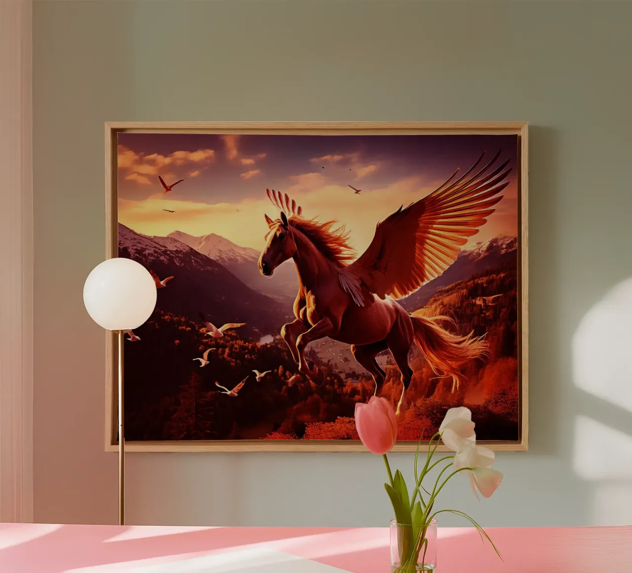 Geflügeltes Pferd 3. rot Leinwand mit Schattenfugenrahmen von Thierry vobmann photography