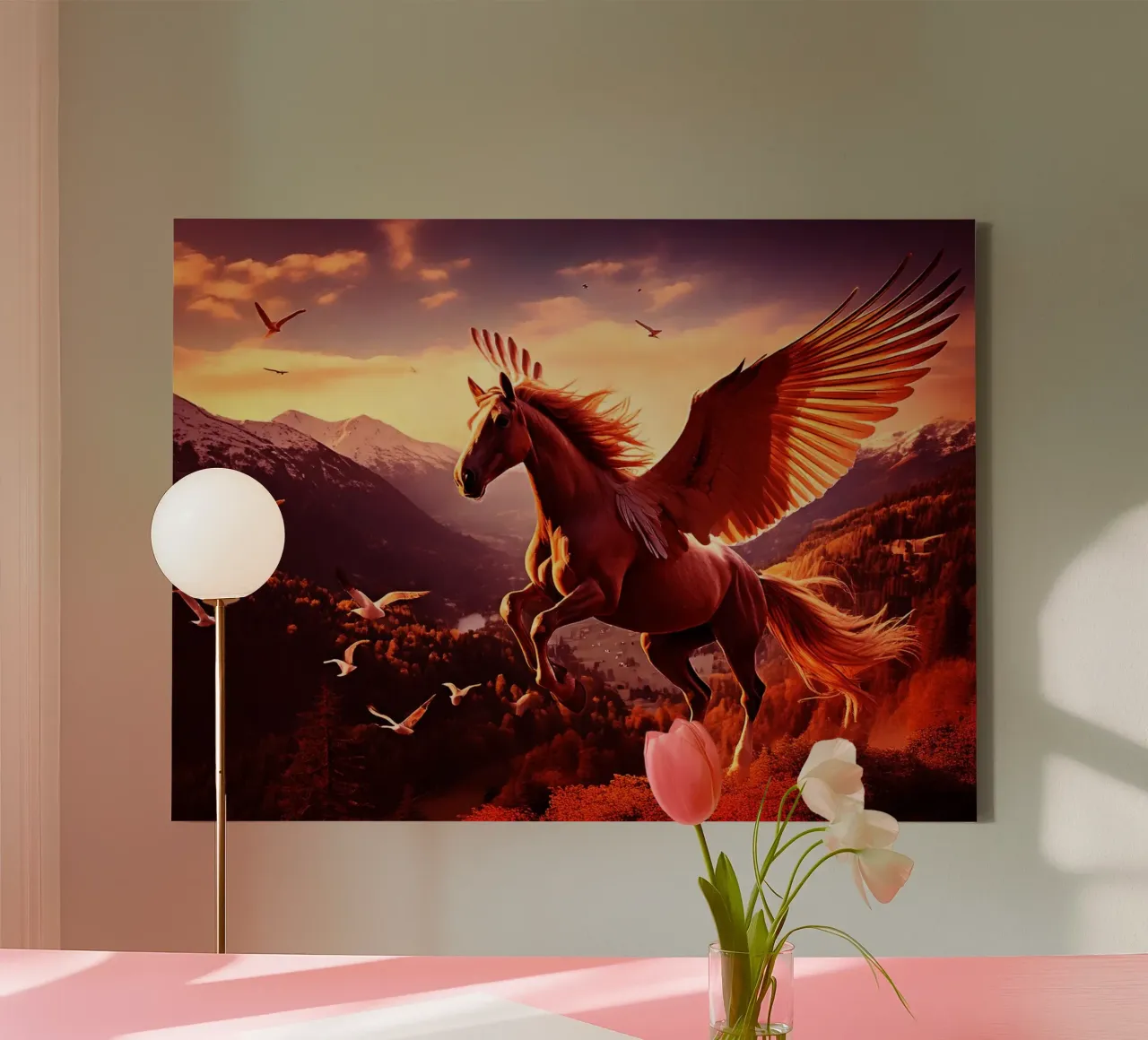 Geflügeltes Pferd 3. rot Leinwand mit Schattenfugenrahmen von Thierry vobmann photography