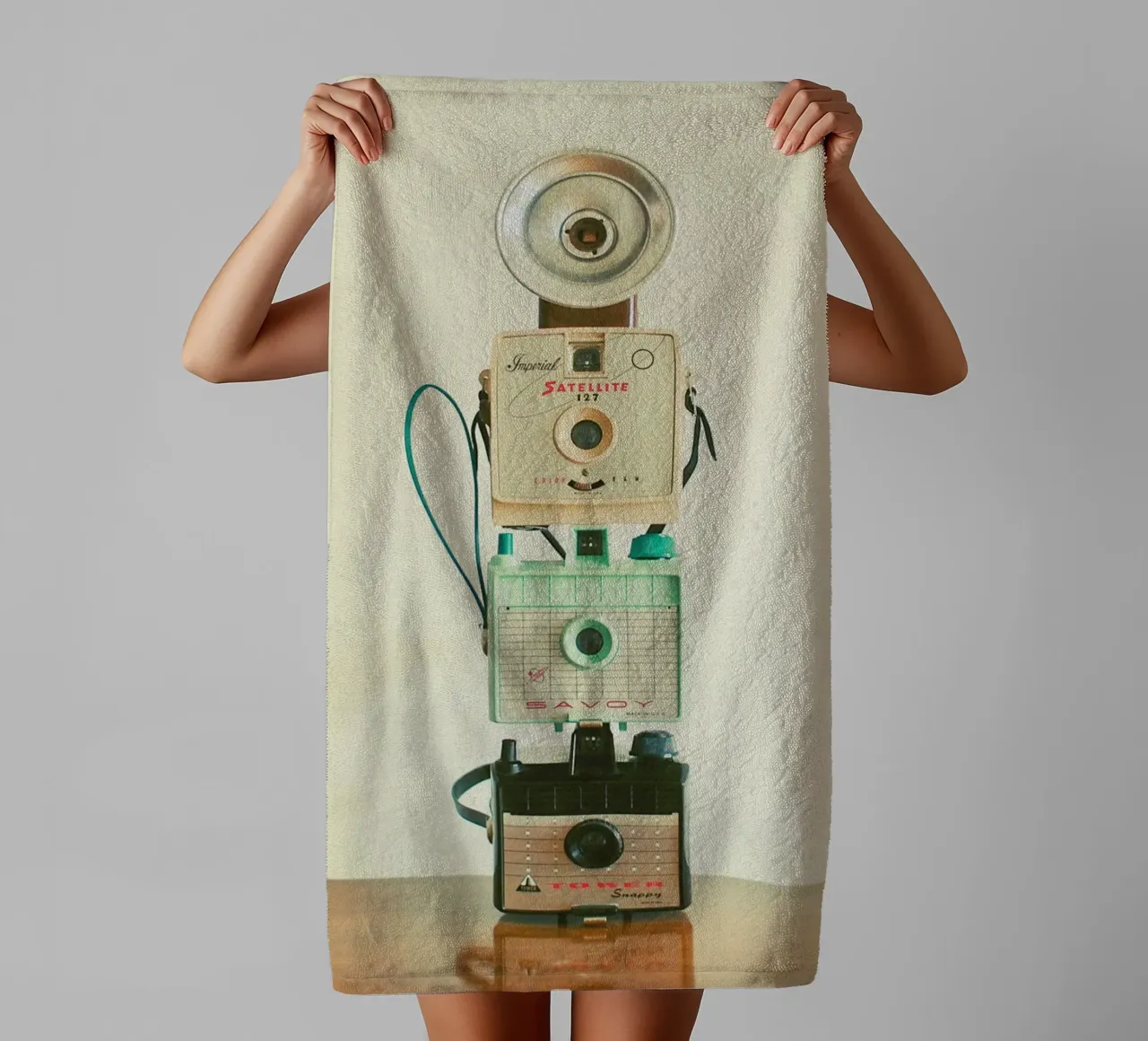 Tower of Cameras towel by Cassia Beck Photography