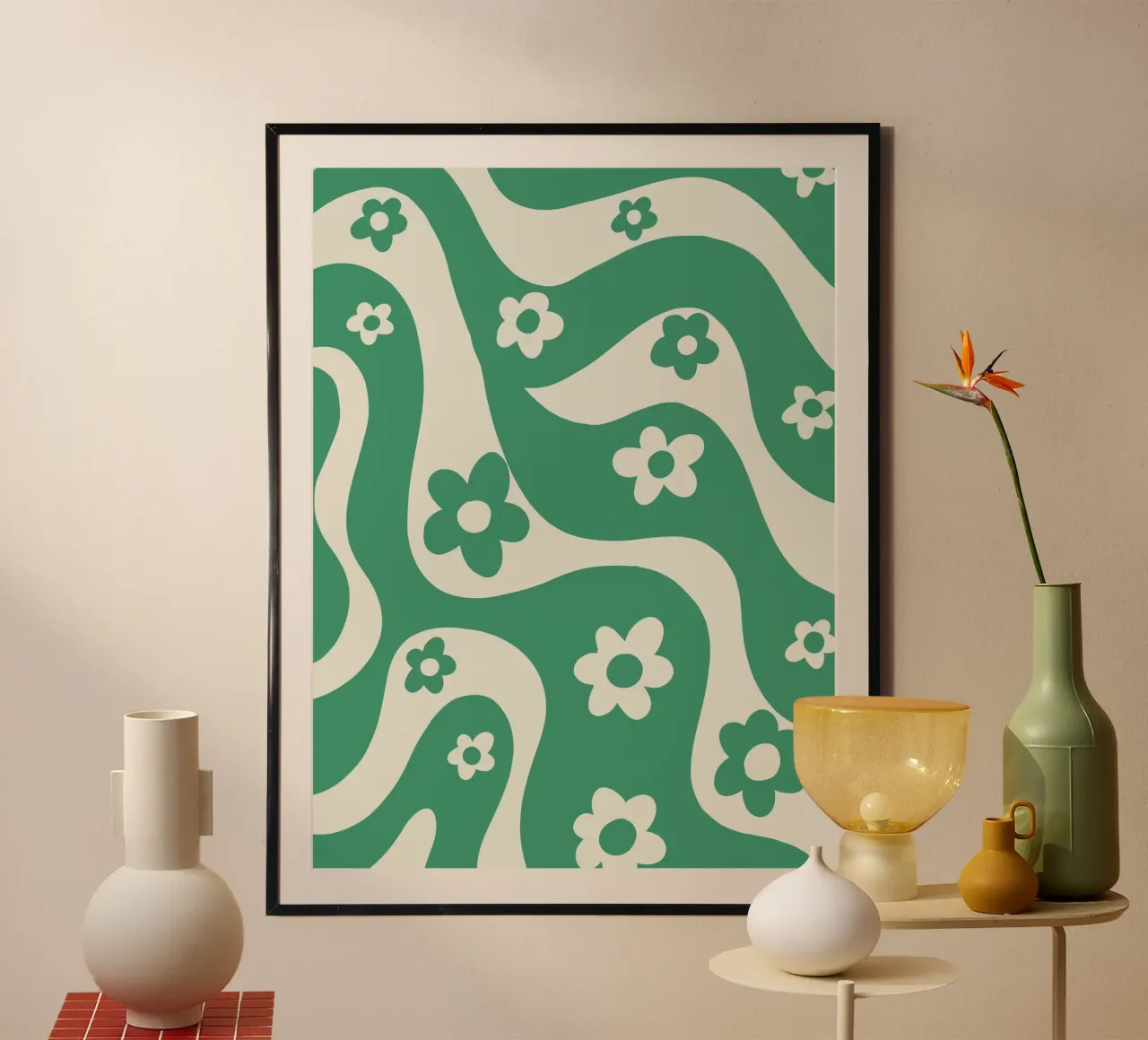 Flowers and waves poster con telaio in plastica da GigiRosado