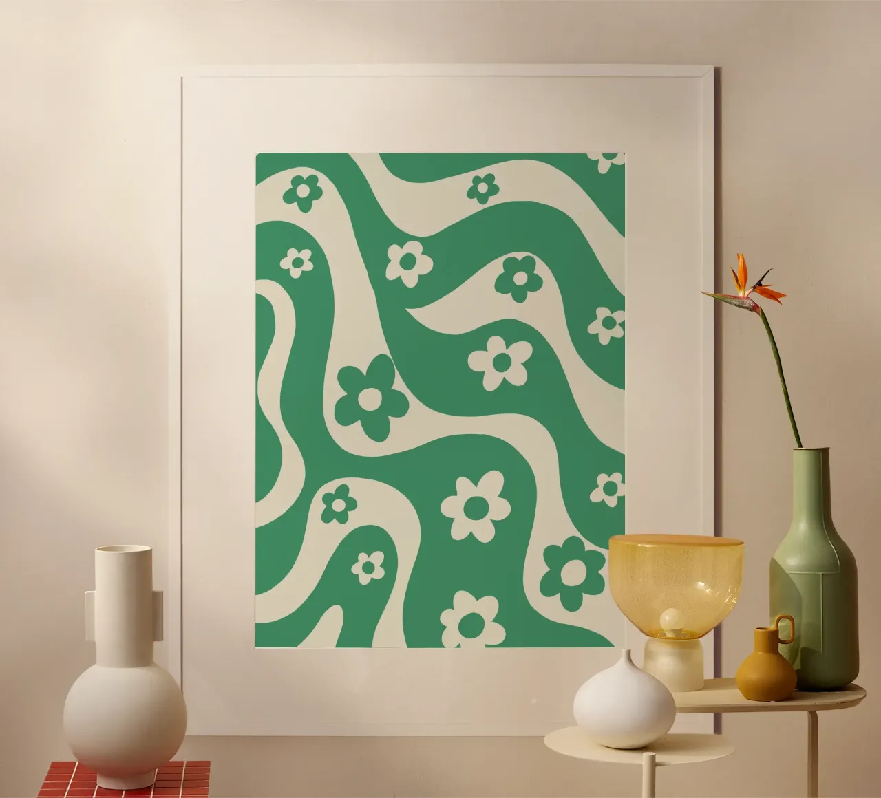 Flowers and waves poster con telaio in plastica da GigiRosado