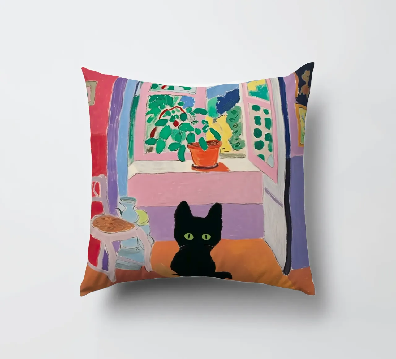 Cat Art, Matisse Open Window And Plants With A Black Cat decorative cushion by Peaches Art Prints