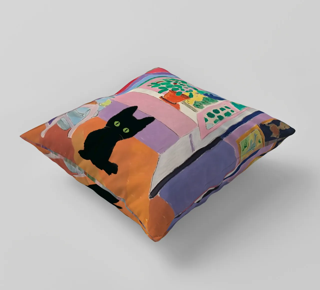 Cat Art, Matisse Open Window And Plants With A Black Cat decorative cushion by Peaches Art Prints