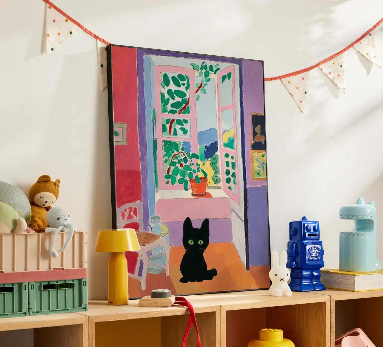 Cat Art, Matisse Open Window And Plants With A Black Cat alu-dibond by Peaches Art Prints