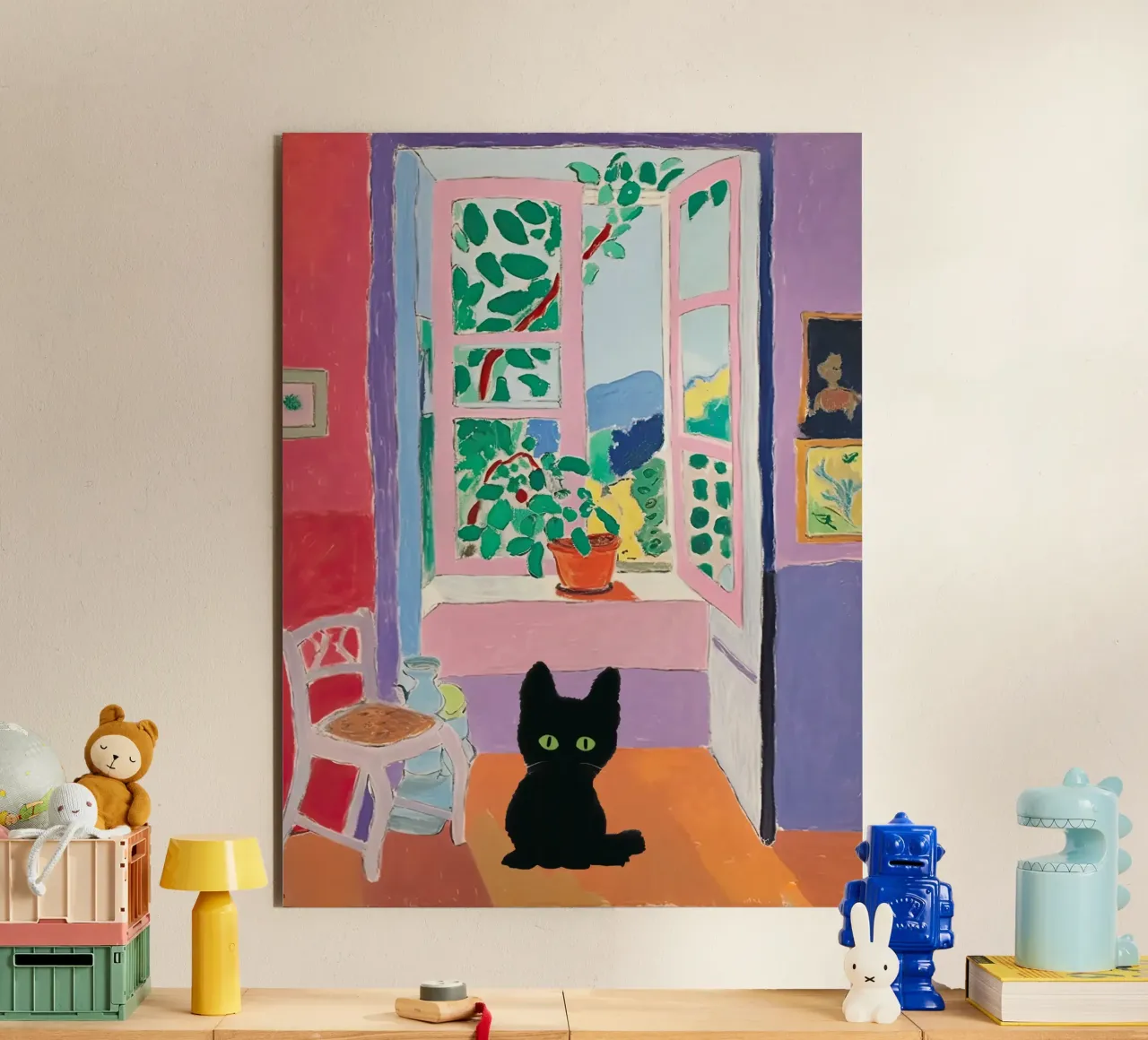 Cat Art, Matisse Open Window And Plants With A Black Cat alu-dibond by Peaches Art Prints