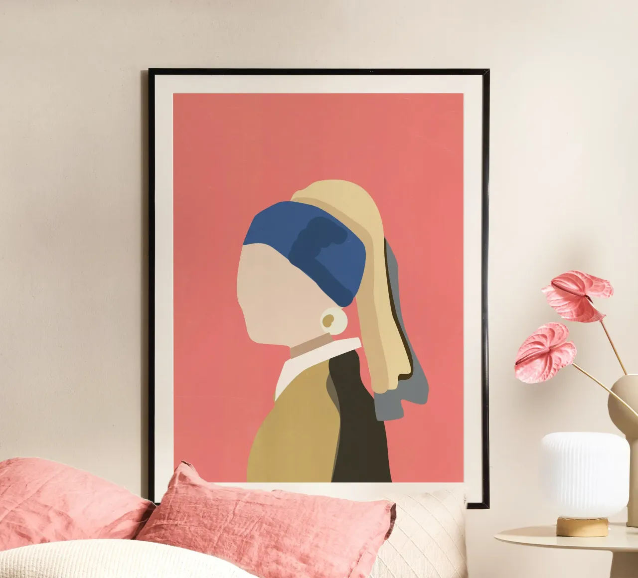 Ragazza con l'orecchino di perla, Johannes Vermeer, illustrazione rosa poster con telaio in legno da Peaches Art Prints