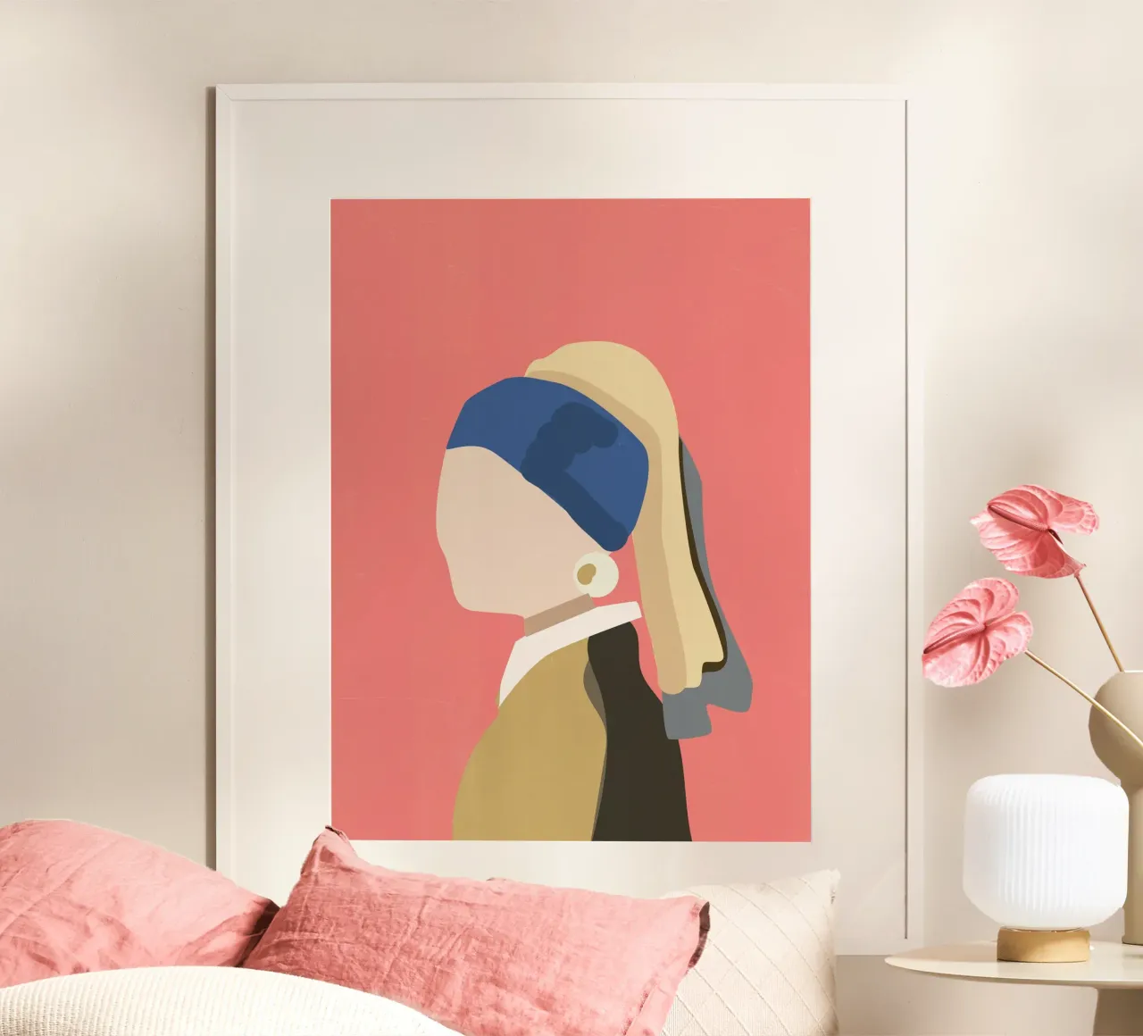 Ragazza con l'orecchino di perla, Johannes Vermeer, illustrazione rosa poster con telaio in legno da Peaches Art Prints