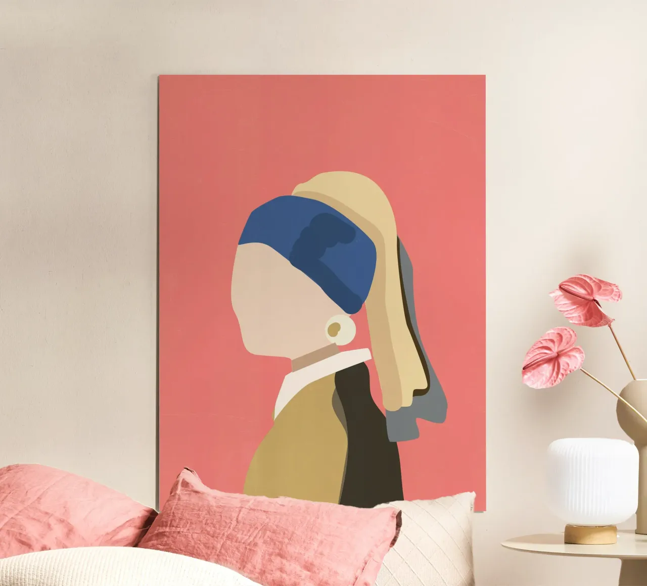 Ragazza con l'orecchino di perla, Johannes Vermeer, illustrazione rosa poster con telaio in legno da Peaches Art Prints
