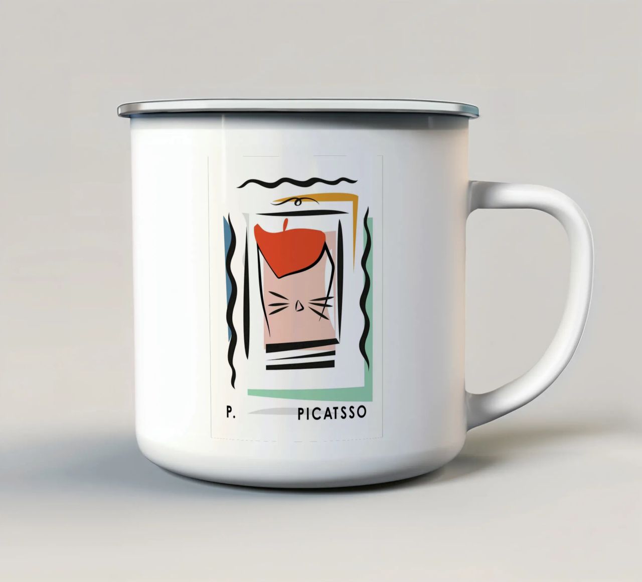 Arte del gatto, Picasso Picatsso, Astratto tazza in smalto da Peaches Art Prints