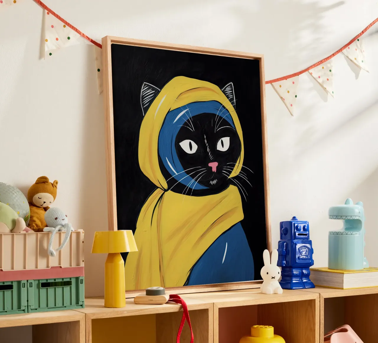 Meisje met de parel Zwarte kat, Johannes Vermeer canvas met Baklijst van Peaches Art Prints