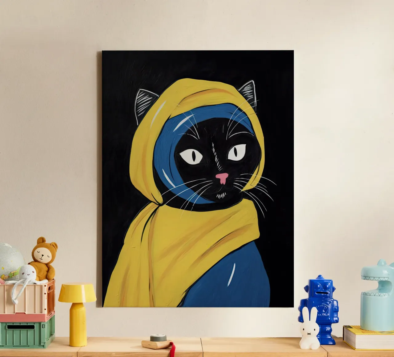 Meisje met de parel Zwarte kat, Johannes Vermeer canvas met Baklijst van Peaches Art Prints
