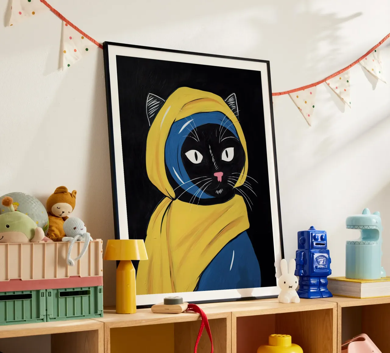La ragazza con l'orecchino di perla - Gatto nero, Johannes Vermeer poster con telaio in plastica da Peaches Art Prints