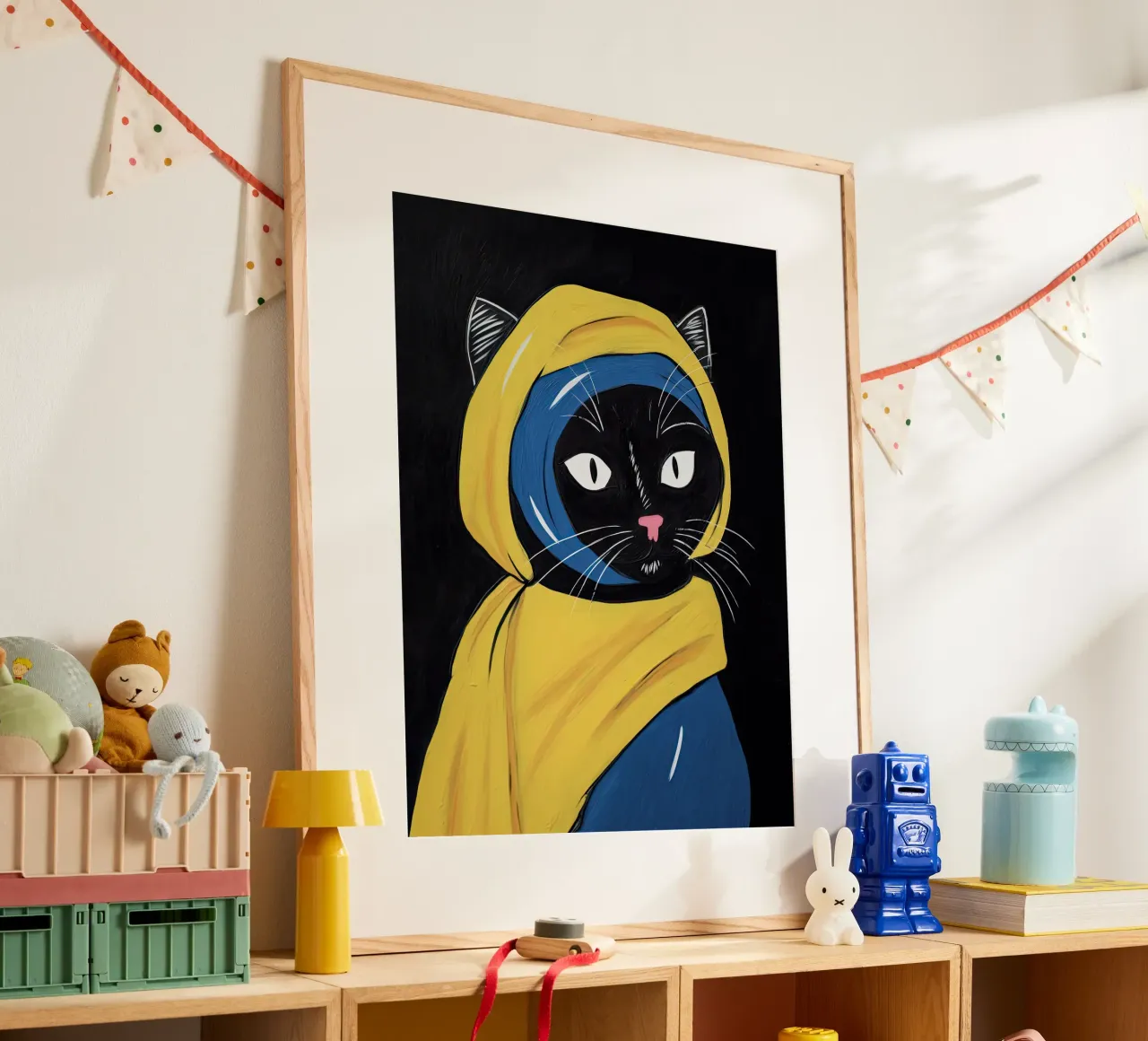 La ragazza con l'orecchino di perla - Gatto nero, Johannes Vermeer poster con telaio in plastica da Peaches Art Prints