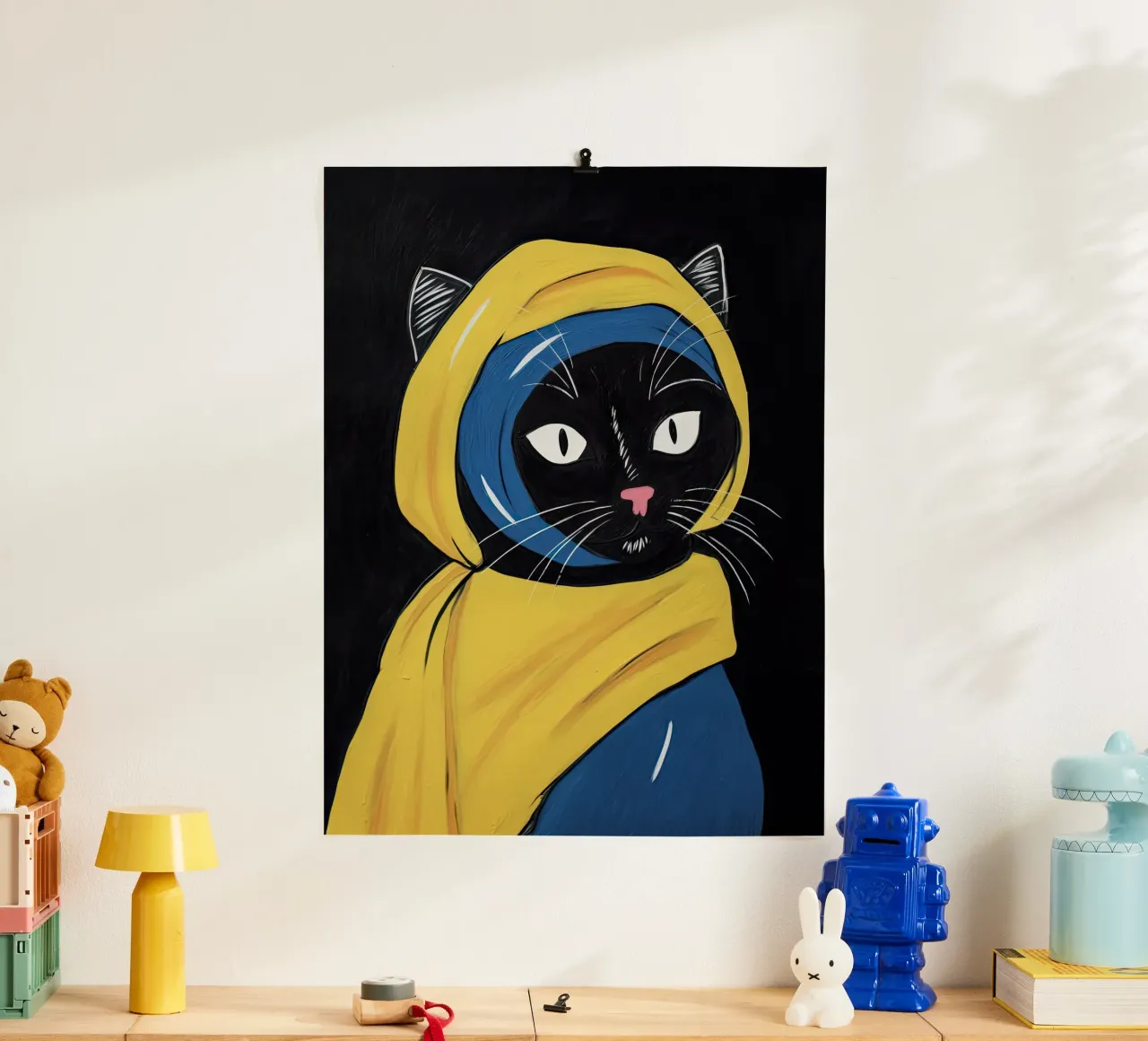 La ragazza con l'orecchino di perla - Gatto nero, Johannes Vermeer poster con telaio in plastica da Peaches Art Prints
