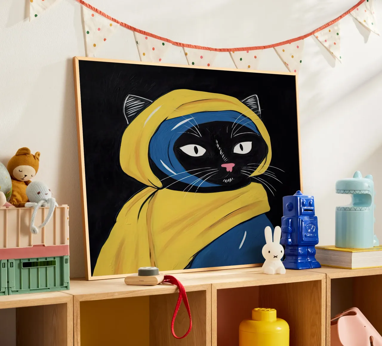 La ragazza con l'orecchino di perla - Gatto nero, Johannes Vermeer poster con telaio in plastica da Peaches Art Prints