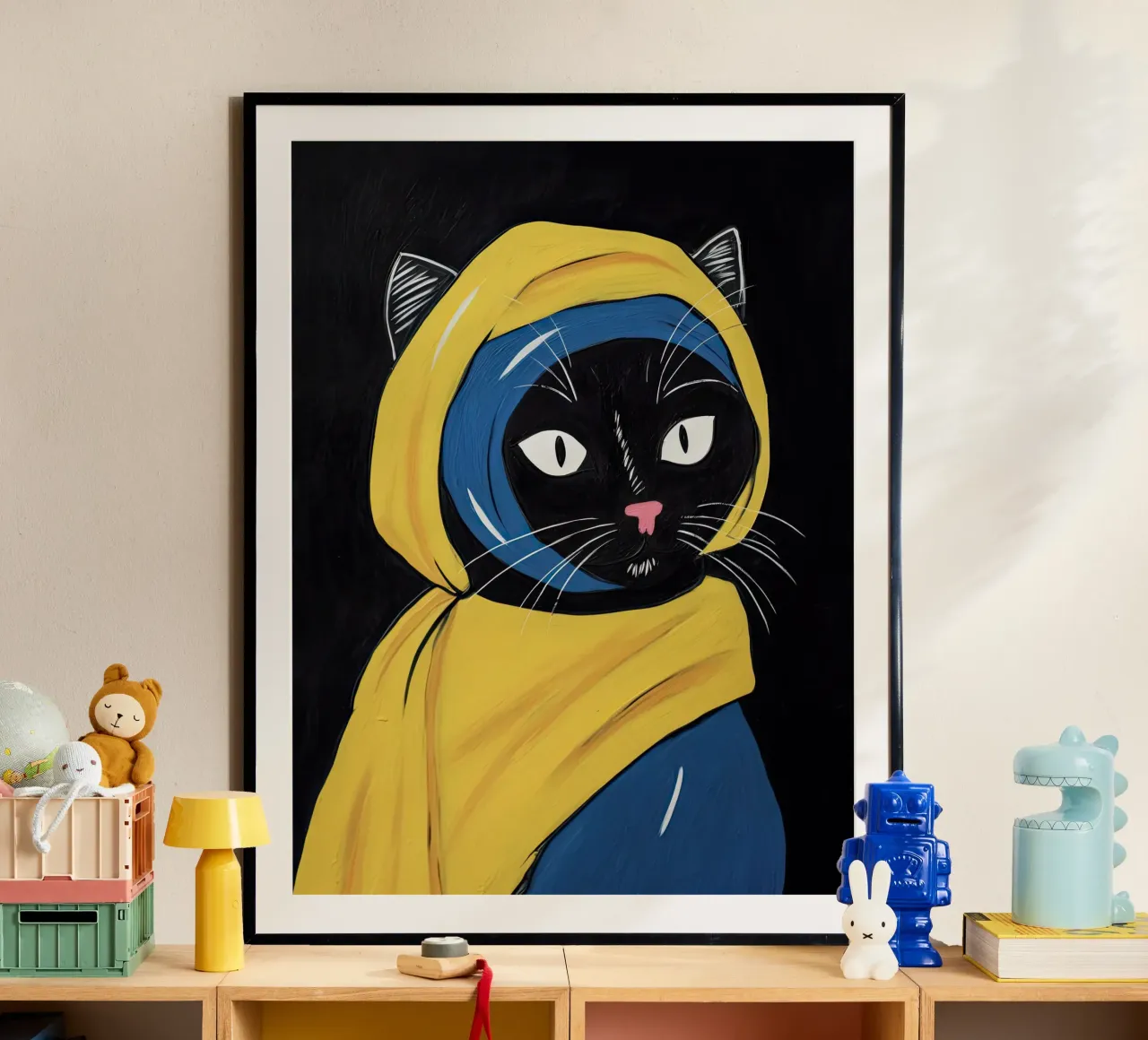 La ragazza con l'orecchino di perla - Gatto nero, Johannes Vermeer poster con telaio in plastica da Peaches Art Prints